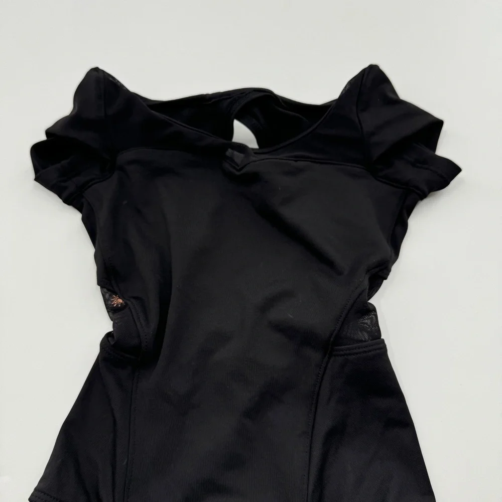 Bloch Kids Black Dance Leotard | Open Back Mesh Detail | Short Sleeve | Size 4–6